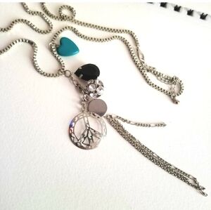 Peace sign charm necklace silver tone heart tassel